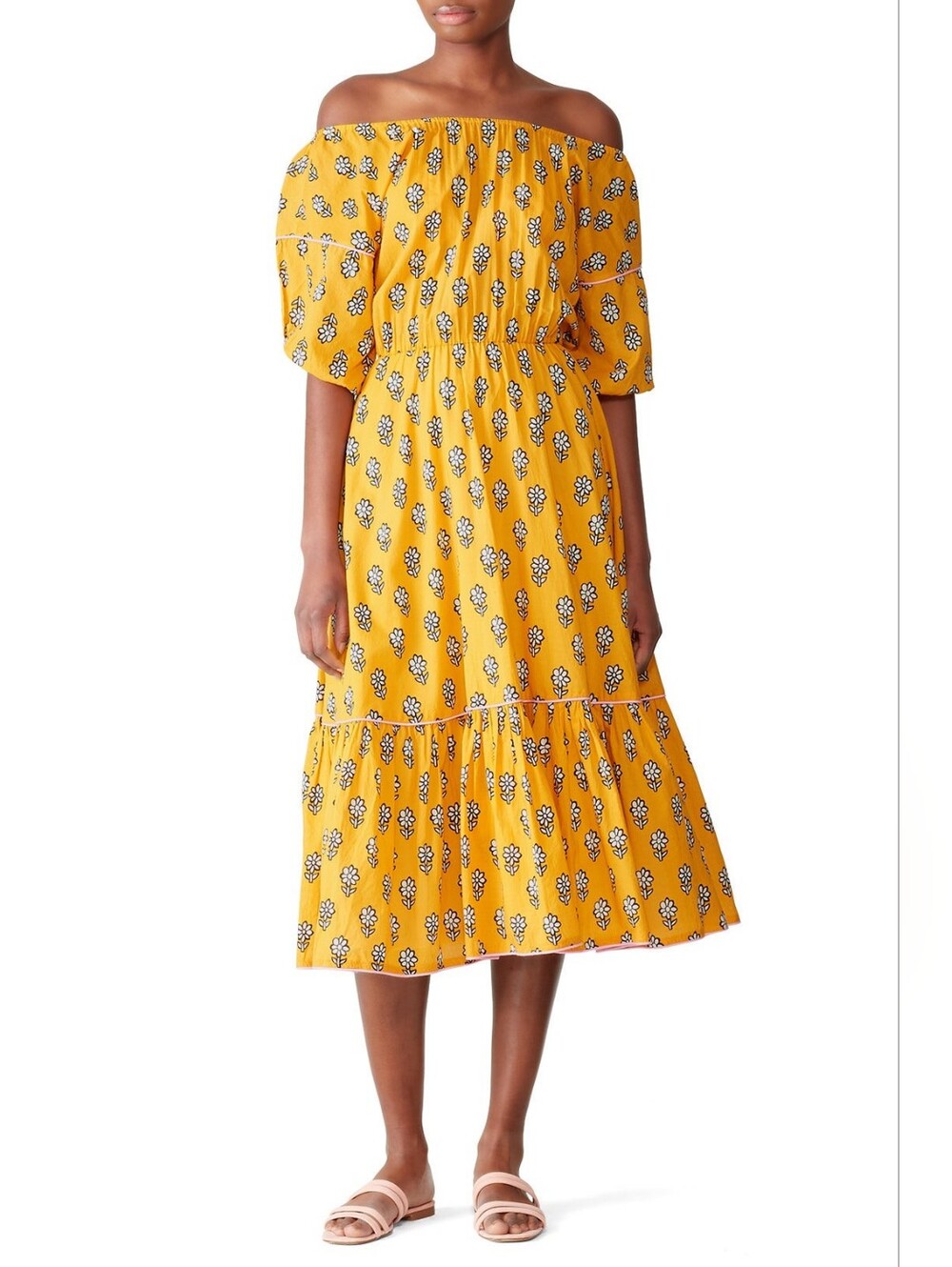 RHODE Yellow Off-Shoulder Floral Midi Dress